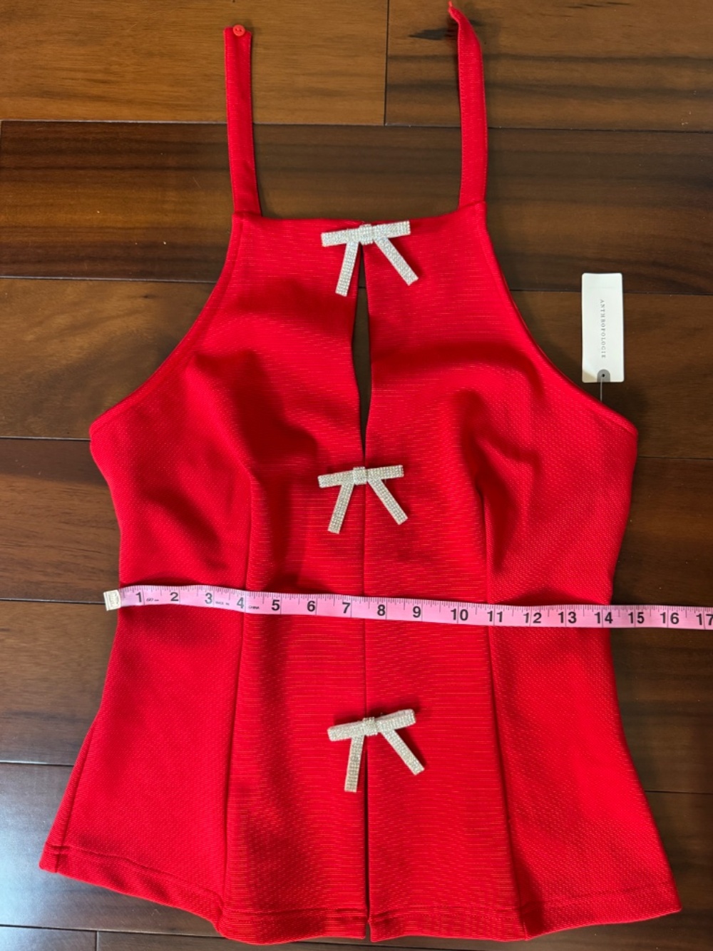 MAEVE ANTHROPOLOGIE EMBELLISHED BOW RED HALTER TOP - MEDIUM - Picture 13 of 17